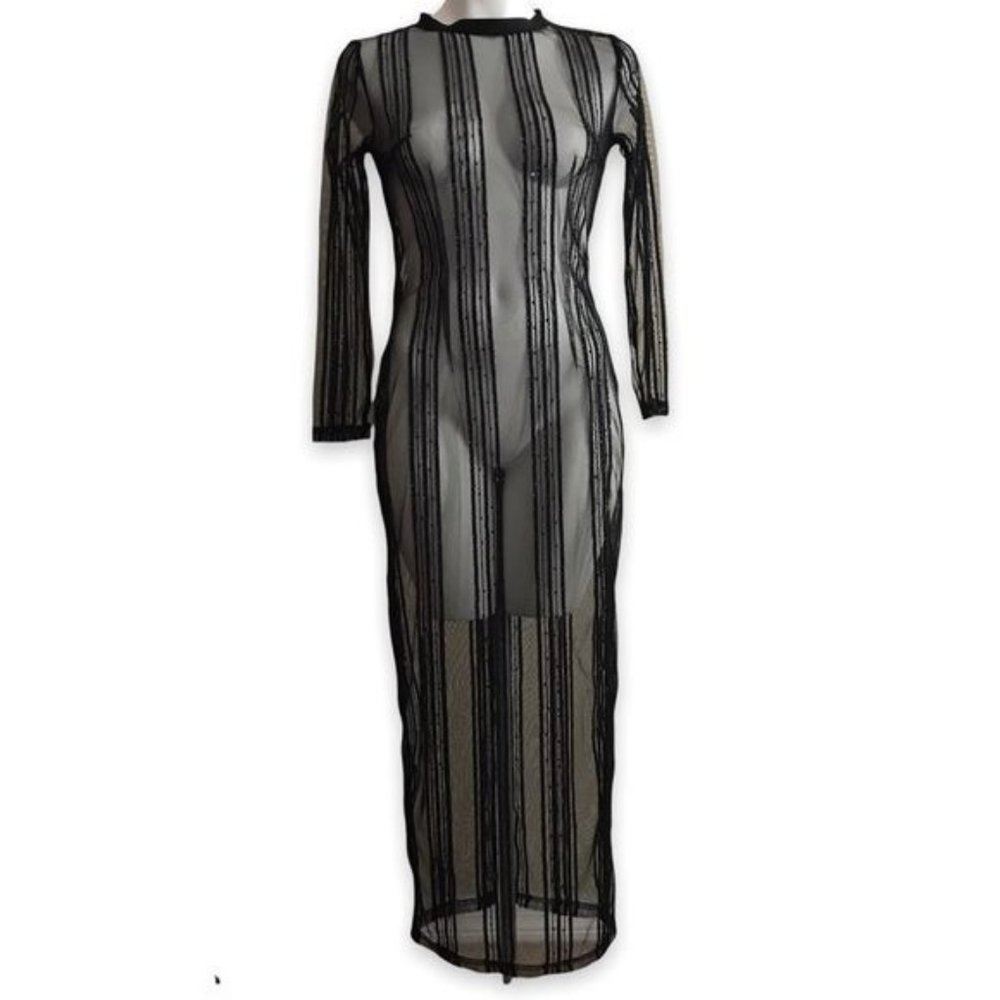 Black Sheer Mesh Sparkle Vertical Striped Maxi Dress | Gown
